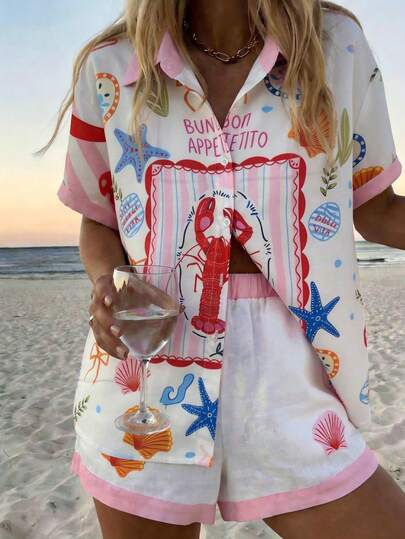 Vaclyn Women's Letter & Lobster Print Button-Up Top And Shorts Casual Outfit