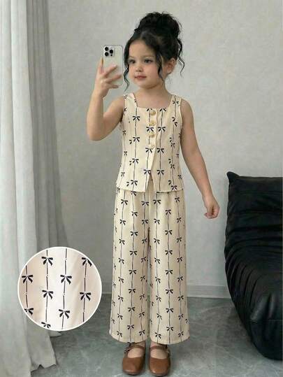 SHEIN 2件套少女编织条纹蝴蝶结装饰休闲背心和裤子套装