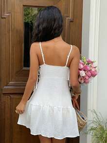 Sunnyshic 复古别致无袖花卉蕾丝边荷叶边迷你连衣裙，甜美公主风，百搭夏季度假休闲连衣裙 - 白色 - 查看 2