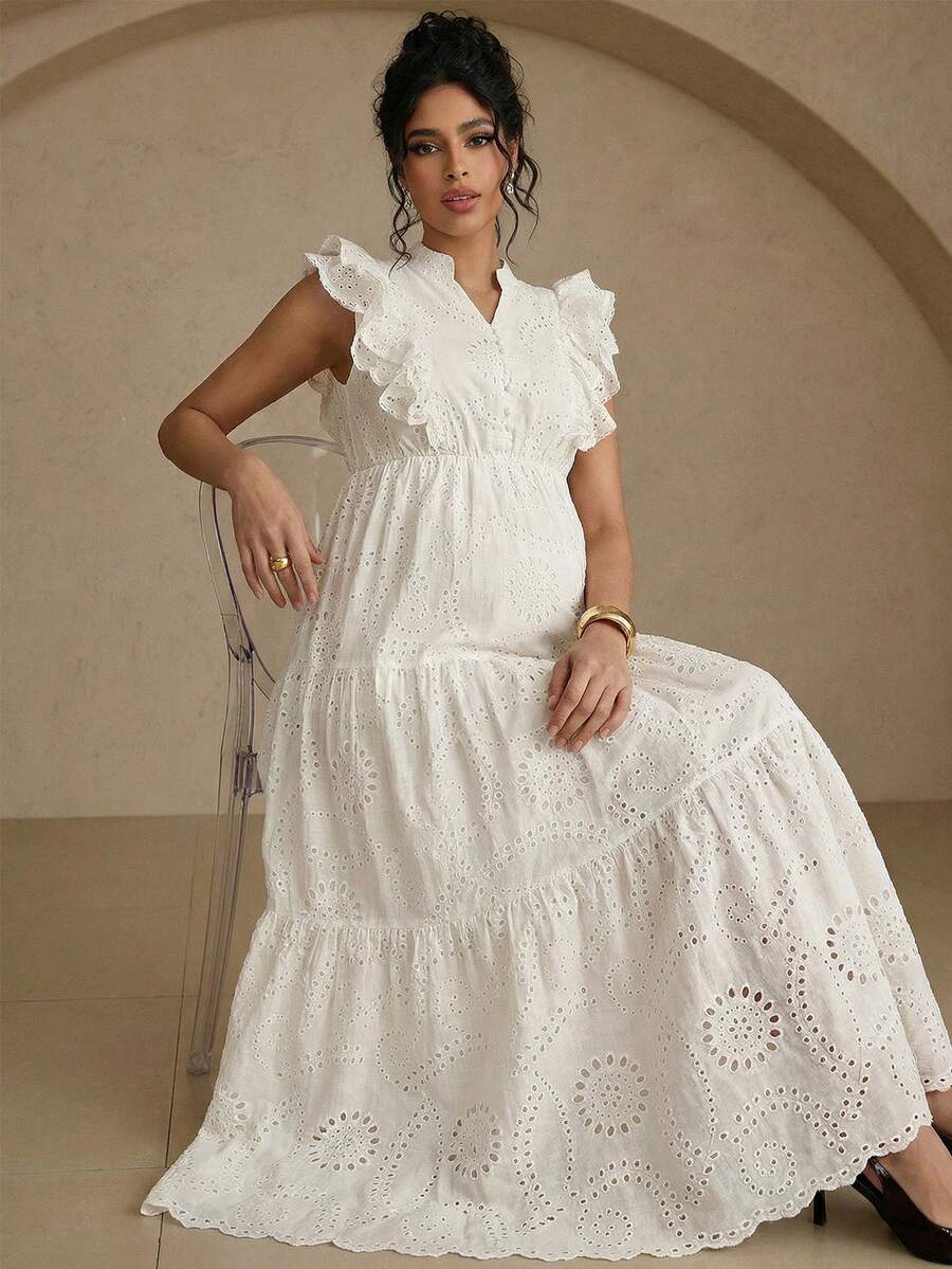 SHEIN 孕妇度假休闲纯色镂空刺绣连衣裙 - 藍色 - 查看 1