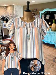 Linhara Damen bunte gestreifte Rüschen-Saum Kurzarm Bluse, geeignet für Sommer Strand, Wochenendmarkt, Unabhängigkeitstag Lässig Wear Damen Tops und Blusen Boutique Tops für Damen Sommer Tops für Damen Damen Tops für Sommer Bluse für Damen Lässig - Verschiedenfarbig - Übersicht 1