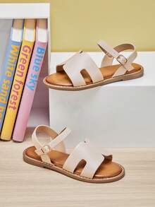 Mini mi Sandal đế bằng cho bé gái, kiểu dáng hở gót, quai ngang mắt cá chân, chất liệu PU cao cấp, đế ngoài viền vàng, lót trong thoải mái, thời trang sành điệu hàng ngày. - trắng - Xem 1