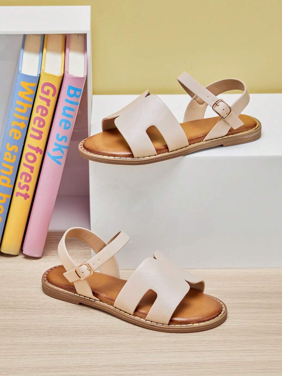Mini mi Sandal đế bằng cho bé gái, kiểu dáng hở gót, quai ngang mắt cá chân, chất liệu PU cao cấp, đế ngoài viền vàng, lót trong thoải mái, thời trang sành điệu hàng ngày. - trắng - Xem 1