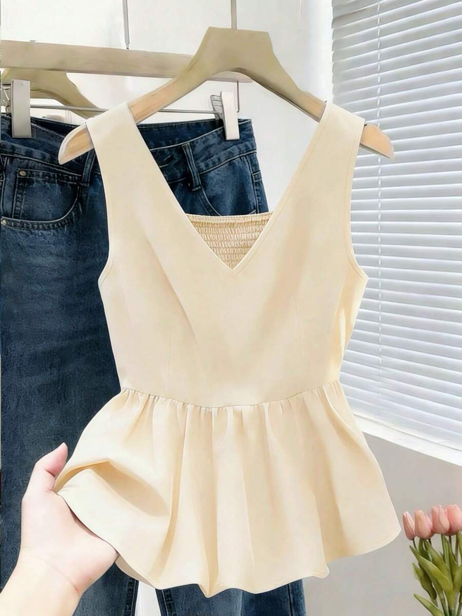 SHEIN Franclia Camiseta sin mangas ajustada para mujer, adecuada para el trabajo, el viaje, las fiestas, la graduación y el uso diario - Beis - Ver 1