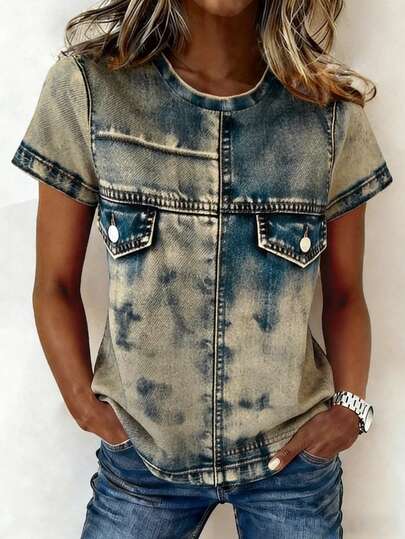 EMERY ROSE Women's Round Neck Casual Versatile Daily Wear Short Sleeve T-Shirt