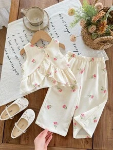LMoss Kids 2 Stücke Baby Mädchen Ditsy Blumen Gestrickter Weste und Leggings Set - Verschiedenfarbig - Übersicht 1