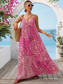 Vivid Eden 女士度假休闲印花吊带连衣裙 - 玫紅色 - 查看 4