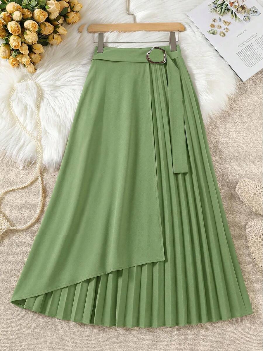 Modelyn Fashionable Commuter Solid Color Asymmetrical Patchwork Pleated Skirt - Green - View 1