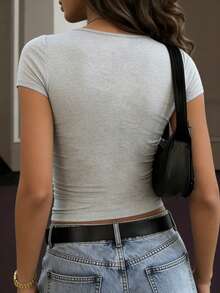 INAWLY Women's Solid Color Sweetheart Neck Cap Sleeve Fitted Casual T-Shirt - Light Grey - View 5