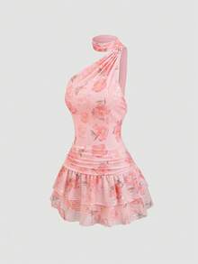 Sweetra Women's New Fashion Versatile Sequin Embroidered Halter Neck Short Sleeve Mini Dress - Pink - View 3