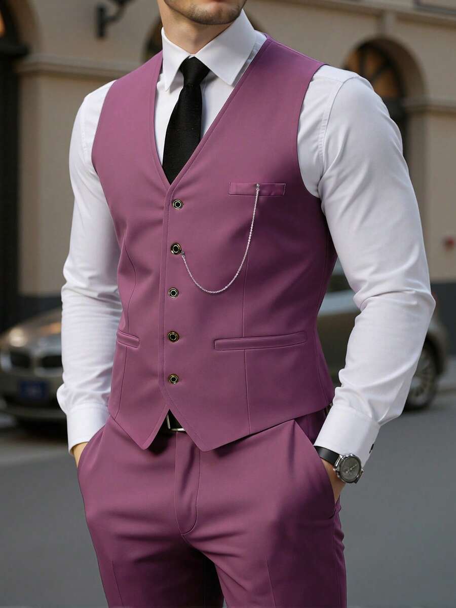 Manfinity Mode Men's Front Button Waistcoat And Pants Business Suit Set, Formal - Hot Pink - View 1