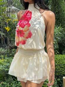 Sunnyshic Đầm nữ mùa hè giản dị, thoải mái, đa năng, thích hợp đi nghỉ mát, dự tiệc, đi biển, với họa tiết hoa nhiệt đới và viền bèo hai lớp, không tay. - Nhiều màu - Xem 4