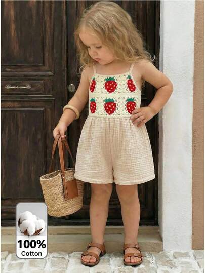 LMoss Kids Baby Girl Woven Solid Color Strawberry Pattern Romper