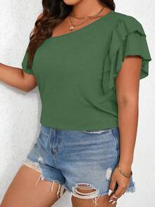 EMERY ROSE Plus Size Women Solid Color Ruched Asymmetrical Shoulder Casual Versatile Daily T-Shirt - Green - View 6