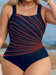 Swim Lushoire Plus Size Women's One-Piece Swimsuit, Basic Minimalist Vacation Sports Style, Slimming Color Block Print - Burgundy - View 5