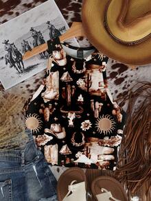 Attitoon Plus Size Casual Cactus & Bull Head Print Tank Top, Suitable For Summer - Multicolor - View 1