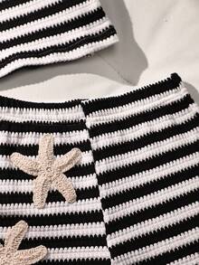 Sparklyn Bộ đồ lót nữ phong cách Y2K màu vàng trắng kẻ sọc, 2 món/set, thêu hình sao biển 3D, chất liệu vải họa tiết bong bóng, áo ống có dây đeo ẩn + quần short, mềm mại và thoải mái, phong cách ngọt ngào cho kỳ nghỉ biển, thích hợp cho mùa hè. - Đen và trắng - Xem 4