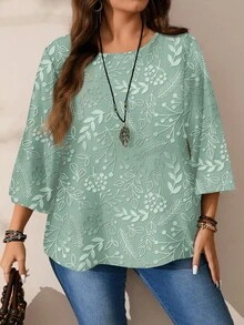 EMERY ROSE Plus Size Women Casual All-Over Print Round Neck Loose 3/4 Sleeve Shirt, Autumn/Winter - Green - View 8
