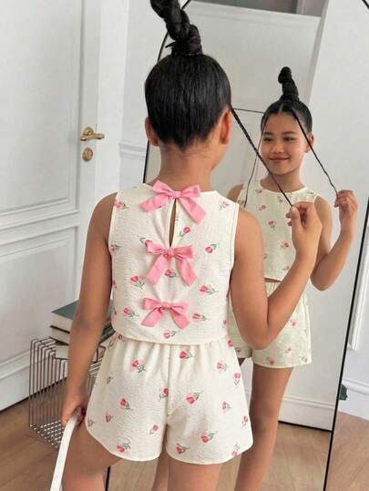 SHEIN Conjunto de top de tirantes y shorts ajustados con estampado floral pequeño para niñas preadolescentes, cómodo y casual para uso diario