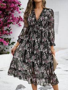 SHEIN Holidaya Vestido largo con estampado floral diminuto, mangas con volantes y dobladillo con volantes, para vacaciones y playa para mujeres - Multicolor - Ver 4