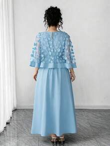 Elenzga 大码女式圆领贴花时尚连衣裙，适合秋季婚礼、生日派对及其他活动 - 藍色 - 查看 2