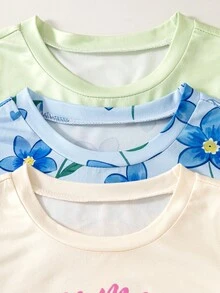 SHEIN 3件装女童休闲可爱卡通公主美人鱼印花短袖T恤，薄荷绿、浅蓝、杏色，甜美公主风，波西米亚风花卉印花，宽松圆领上衣，适合春夏日常、度假、节日穿着，清新舒适，休闲百搭，公主风，花卉印花T恤 - 彩色 - 查看 6