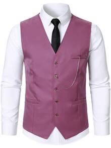 Manfinity Mode Men's Front Button Waistcoat And Pants Business Suit Set, Formal - Hot Pink - View 4