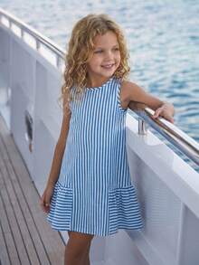Young Girl Woven Striped Round Neck Sleeveless Casual Dress, Striped Dress For Girls Casual Dress For Kids Young Girls Dresses Sleeveless Ruffle Dress Kids Striped Dress Striped Dress Kids Girls Summer Dress Kids Casual Dress Cotton Girls Dress Dresses For Kids Sleeveless Dress For Kids Sunday Dress For Kids Summer Dresses For Kids Stripe Dress For Kids Kids A-Line Dress Girls Stripe Dress Young Girl Dresses - Blue and White - View 5
