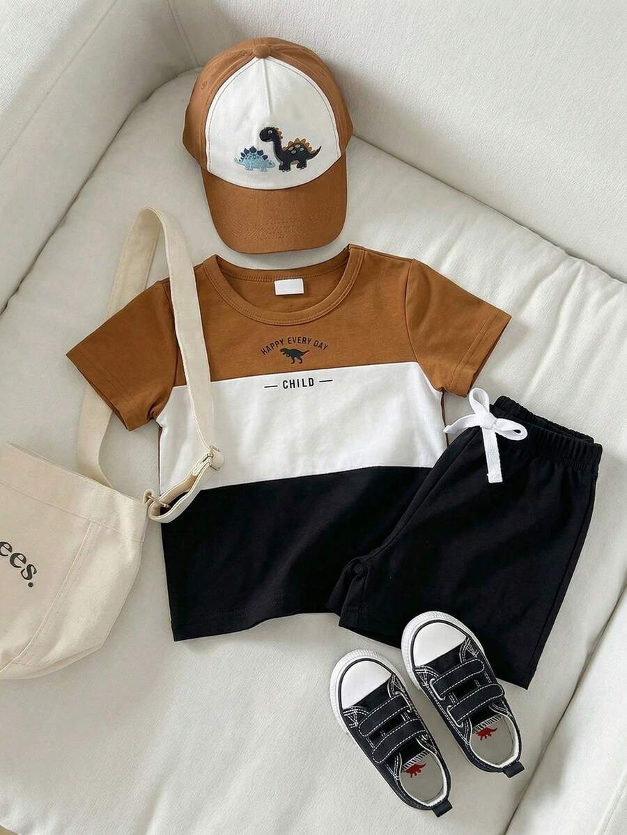 SHEIN Playful Pals 2件套婴幼儿男女通用0-3岁休闲撞色字母恐龙印花圆领短袖T恤和松紧腰短裤套装,适合儿童日常休闲穿着、男婴服装、夏季婴儿服装 - 棕色 - 查看 1