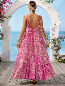 Vivid Eden 女士度假休闲印花吊带连衣裙 - 玫紅色 - 查看 1