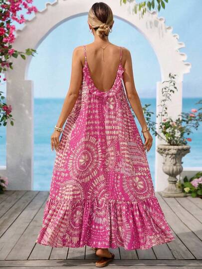 Vivid Eden 女士度假休闲印花吊带连衣裙