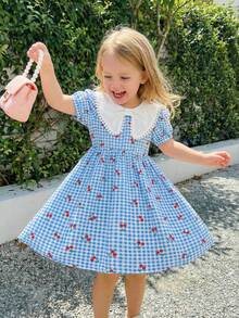 SHEIN Genkimix Kids 女童蝴蝶结领泡泡袖装饰可爱时尚夏季连衣裙 - 藍色 - 查看 7