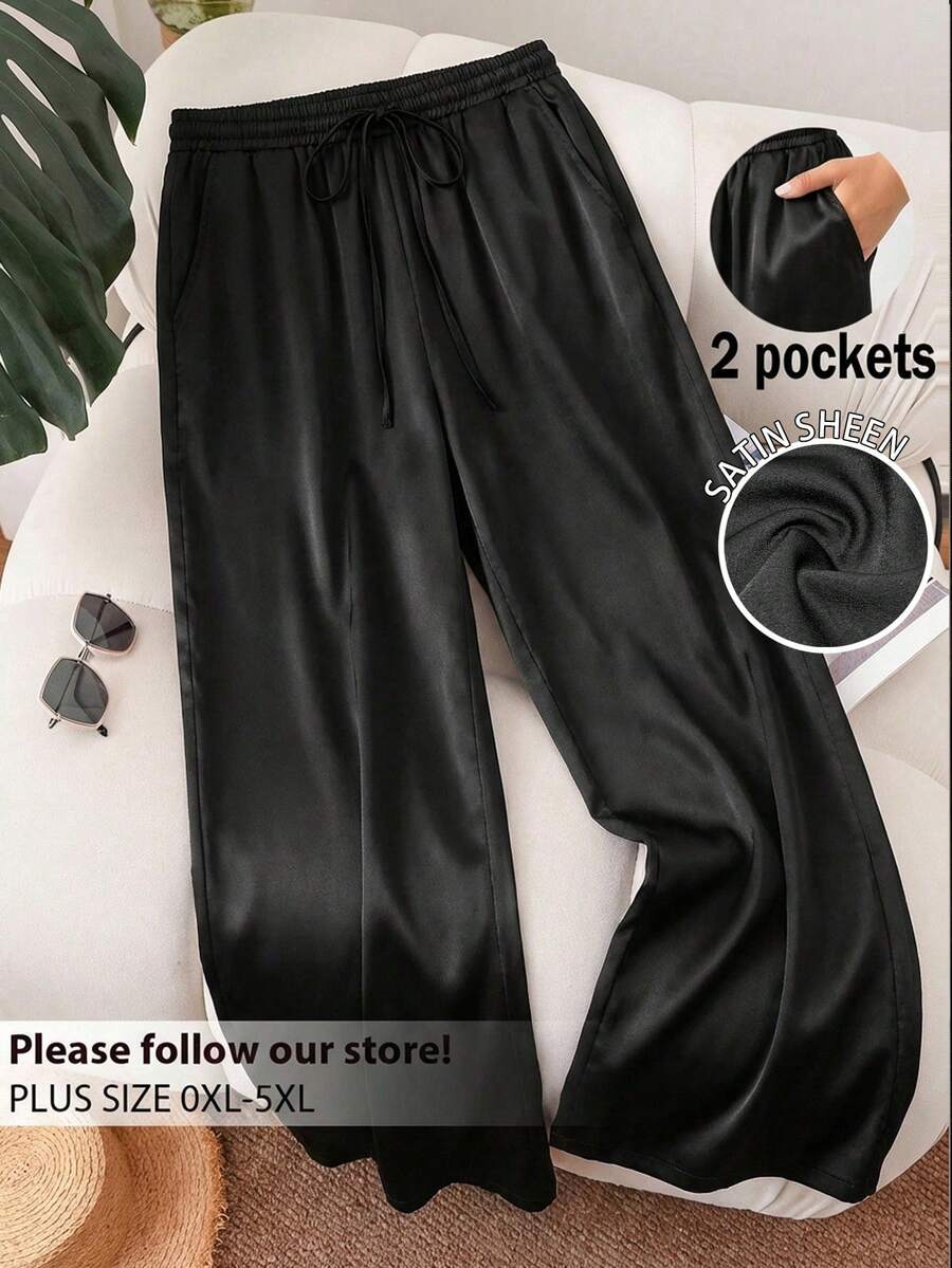CosyJoli 大码女装春夏新款商务休闲缎面沙滩裤，适合情人节、通勤等场合，优雅的紫莲粉色阔腿裤，带口袋。薰衣草色沙滩度假宽松裤/宽松裤，大码女装休闲裤 - 黑色 - 查看 1