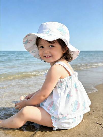 SHEIN Bộ đồ 3 món cho bé gái: Áo hai dây in hình vỏ sò và sao biển, quần short và mũ rộng vành, phong cách đi biển/nghỉ dưỡng.