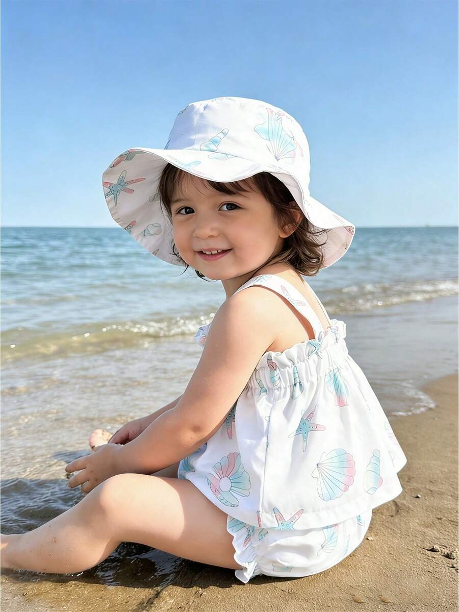 SHEIN 女婴三件套:贝壳和海星印花吊带娃娃衫、短裤和遮阳帽,沙滩/度假风 - 彩色 - 查看 1