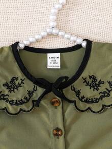 Souflis Souflis 2025 Nuevo verano Niña Vintage Blusa de cuello Peter Pan bordada de manga corta + Falda negra - Verde militar - Ver 8
