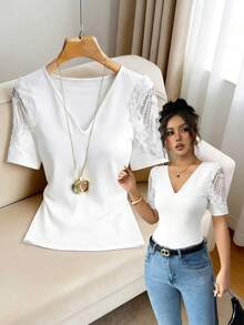 Women's White V-Neck Short Sleeve Embroidered Ruffle Trim Fitted Waist Slim Sexy Commuter Versatile Chic Design T-Shirt, Spring/Summer - White - View 7
