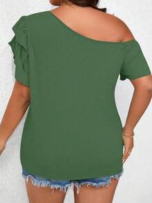 EMERY ROSE Plus Size Women Solid Color Ruched Asymmetrical Shoulder Casual Versatile Daily T-Shirt - Green - View 2