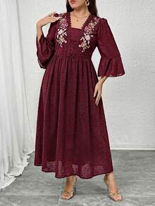 Modelyn Große Größen Elegantes Partykleid für Damen mit floraler Stickerei und geraffter Taille - Bordeaux - Übersicht 4