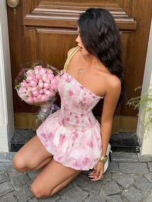 Sunnyshic Blush Pink Floral Summer Boho Cute Vacation Holiday Retro Elegant Slim Fit Strapless Casual Dress, Design Sense High Street Ruffled Hem Versatile - Baby Pink - View 7