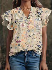 EMERY ROSE Plus Size Women V-Neck Floral Print Casual Blouse, Suitable For Summer Outings - Red - View 3