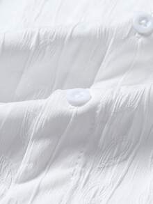 Manfinity Homme Men's White Summer Casual Vacation Holiday 2 Pieces Set,Solid Color Textured Short Sleeve Button Up Shirt And Drawstring Shorts,Linen Resort Wear - White - View 3