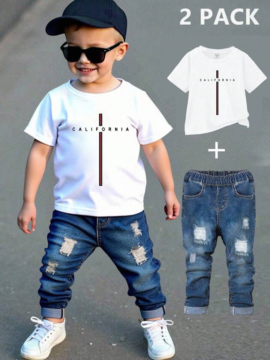 SHEIN Playful Pals Conjunto de 2 piezas de camiseta de manga corta con estampado de letras y pantalones vaqueros largos para niños pequeños, de verano - Multicolor - Ver 1