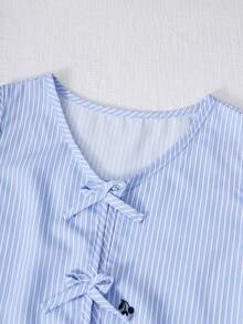 Sparklyn Bộ đồ cho bé gái tuổi teen: Áo peplum không tay in họa tiết sọc anh đào, trang trí nơ, gồm áo và quần ống rộng, thích hợp cho mùa xuân/hè. - Màu xanh lam - Xem 5