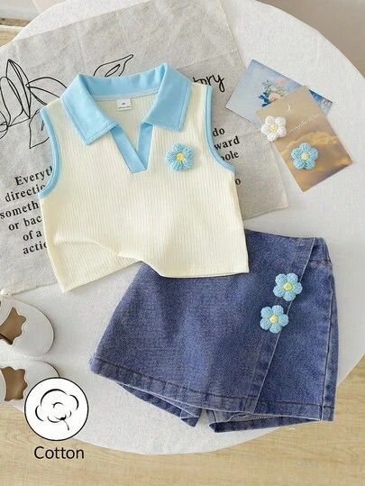 SHEIN Genkimix Kids 女童休闲可爱3D花朵撞色翻领无袖上衣搭配3D花朵牛仔裙裤，适合度假、日常穿着、户外活动