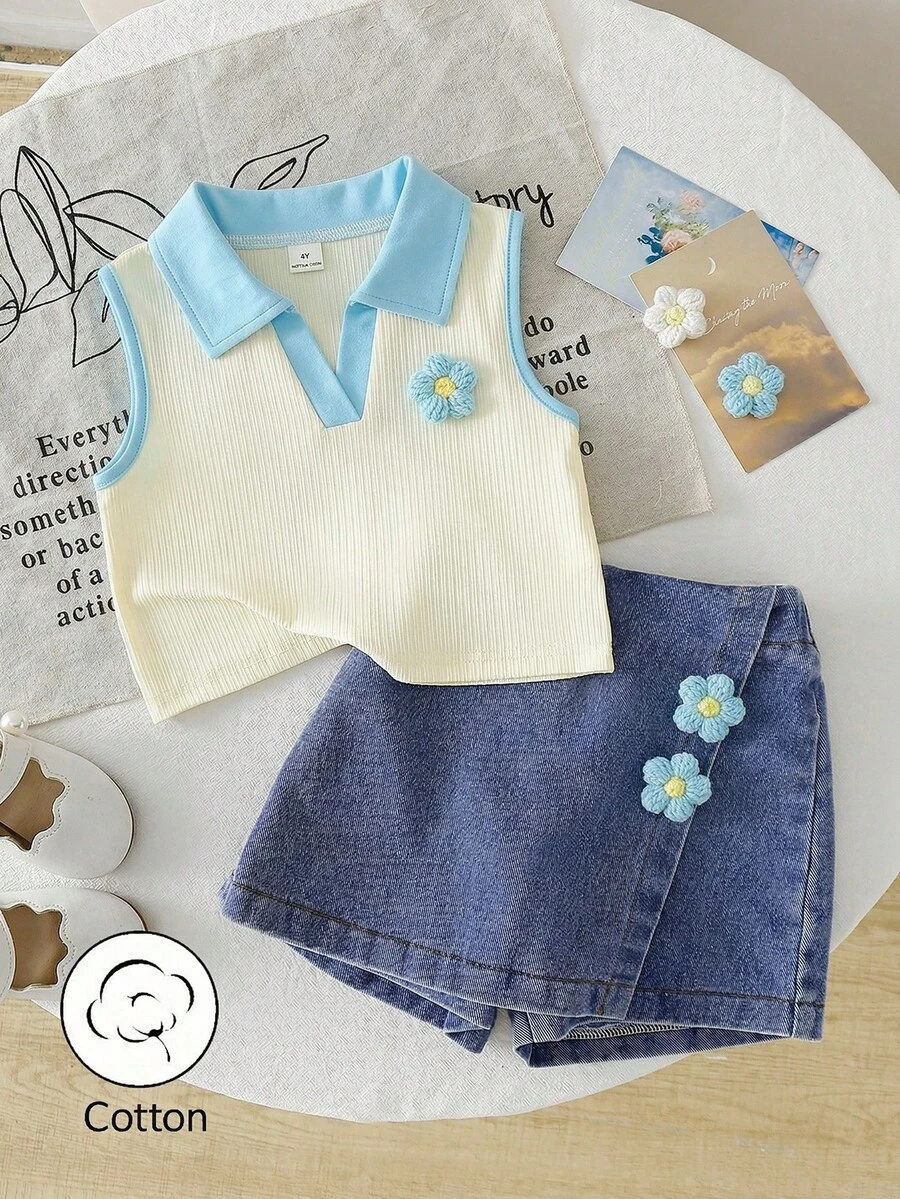 SHEIN Genkimix Kids 女童休閒可愛3D花朵翻領無袖上衣與牛仔裙褲套裝,夏季校園返校度假日常穿搭 - 藍色 - 查看 1