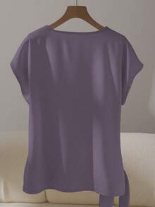 Franclia 优雅短袖圆领荷叶边蝴蝶结衬衫，卡其色，春夏 - 淺灰紫 - 查看 2