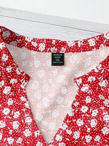 Linhara Plus Size Women V-Neck Printed Blouse, Summer Women Outfit - Red - View 3
