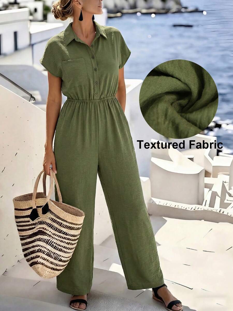 EMERY ROSE Women's Spring/Summer Lapel Button Waist Casual Wide Leg Jumpsuit, Suitable For Office, Cafe, Weekend Market Women Vacation Outfit Sets Women Casual Outfits Green Sage Green Women S Summer Outfits Women Outfits Sets - Army Green - View 1