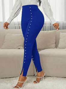 SHEIN Lady Quần legging nữ cạp cao, xẻ tà, đính hạt cườm - Xanh đậm - Xem 4